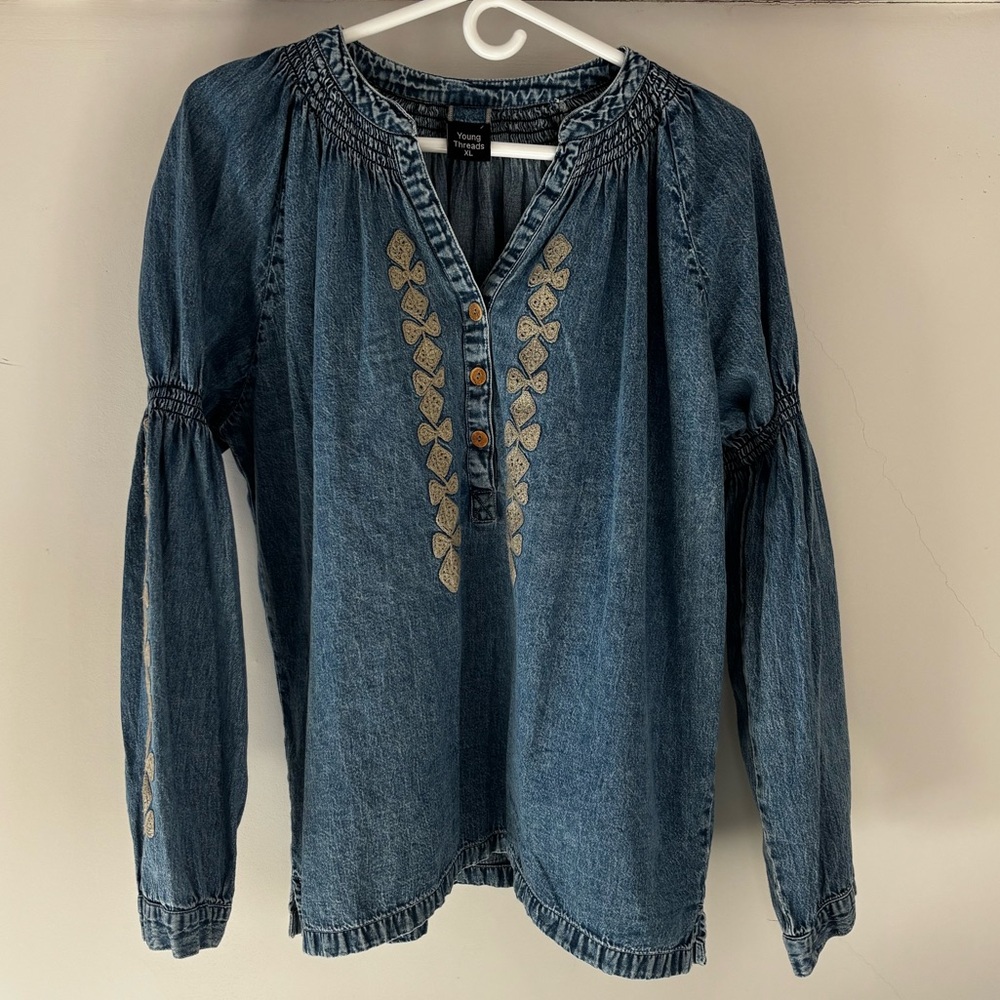 YOUNG THREADS BEAUTIFUL EMBROIDERED DENIM BLUE WOMENS BLOUSE